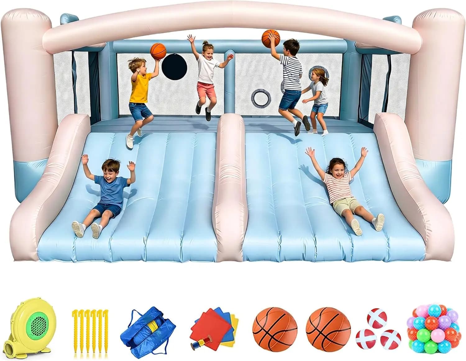 Inflatable Bounce House,8-in-1 Large Bouncy Castle with Slide,Basketball Hoop,Dart Game, Heavy Duty Indoor Outdoor Blow Up Jump