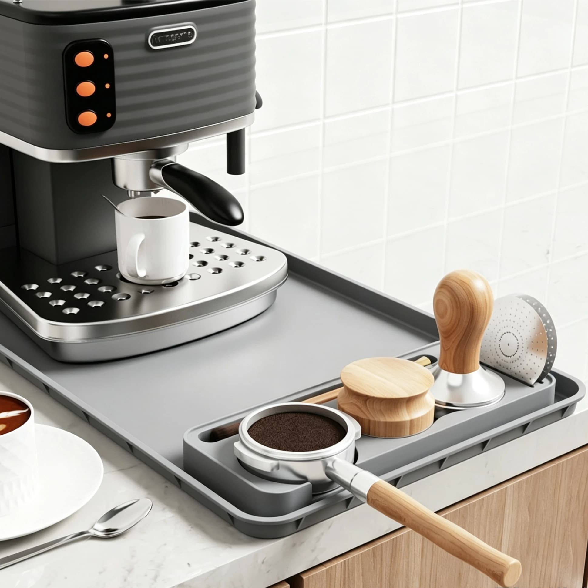3-In-1 Silicone Coffee Tamping Pad Non Slip Espresso Tamp Station Mat Bar Drain Tray Coffee Machine Mat Countertops Barista Tool