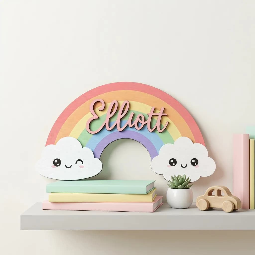 1Pc Custom Cute Smiley Clouds Wooden Name Plaque, Neutral Nursery Wall & Tabletop Decor, Personalized Baby Shower Keepsake Gif