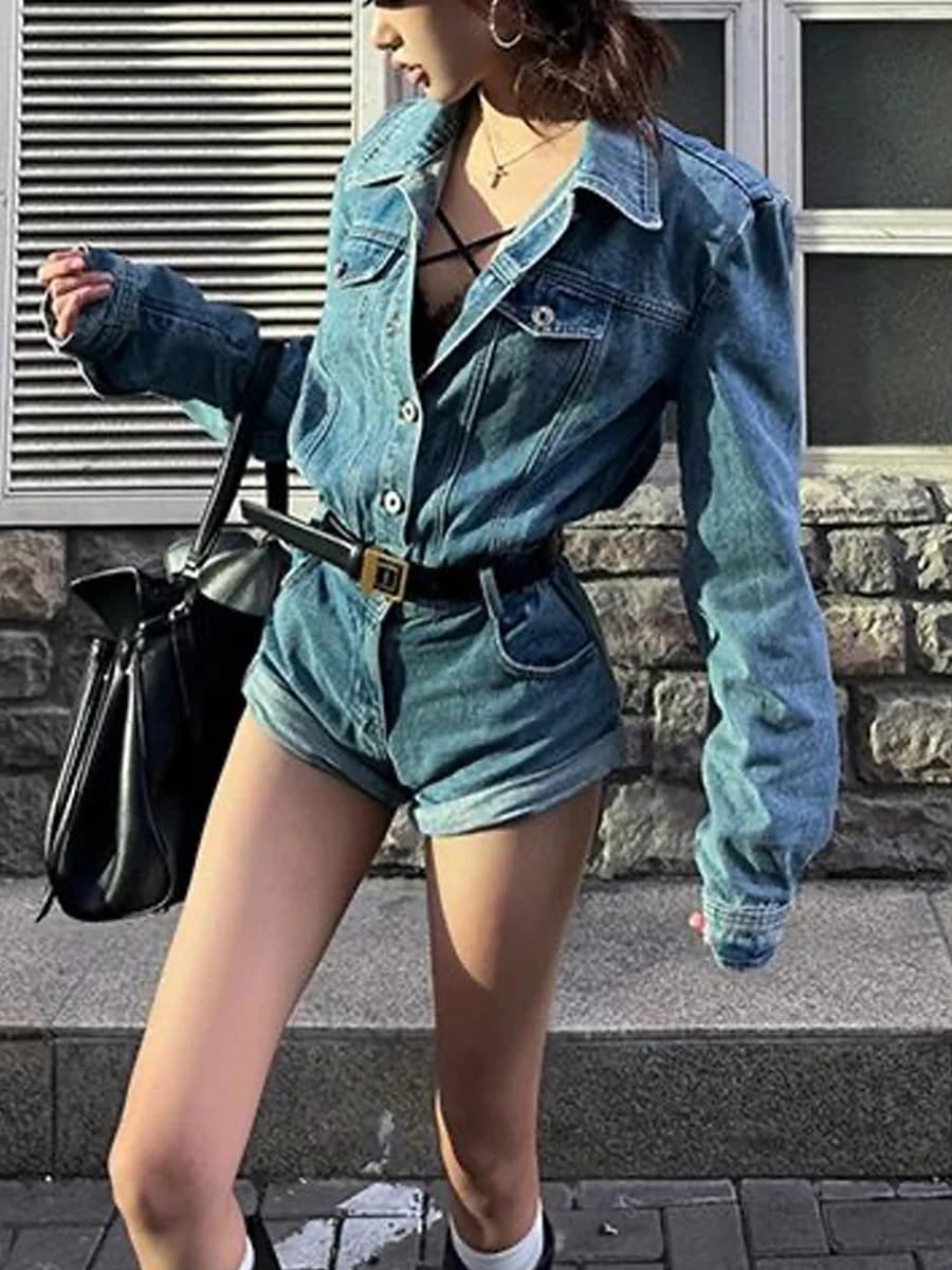 Retro Cool Spicy Blue Denim Jumpsuit Women's Spring New Design Sensual Wide Leg High Waist ort Pants Suit