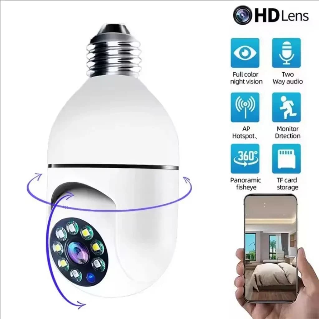 Telecamera di Sorveglianza WiFi E27 con Visione Notturna HD, Tracciamento Automatico delle Persone, Monitoraggio Bambini, Zoom e Video a Colori