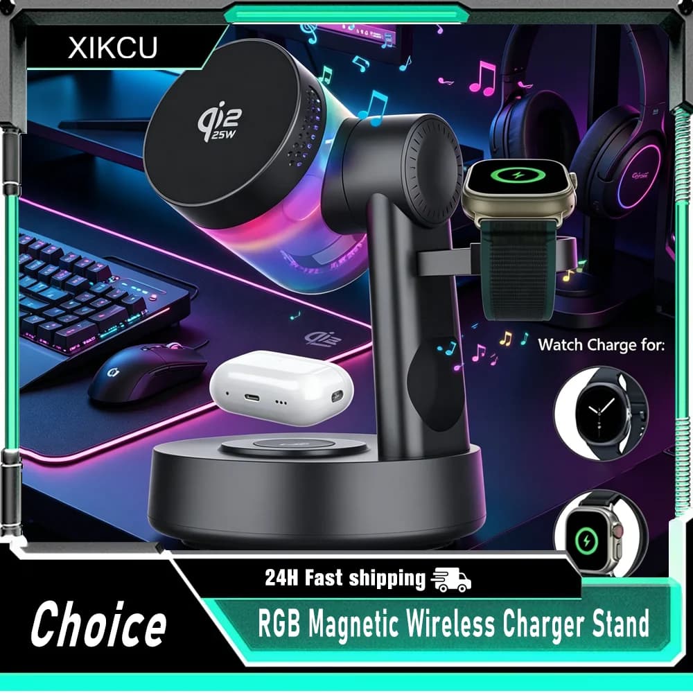 Altoparlante Bluetooth QI2 25W 5.3 con Caricatore Wireless Magnetico Rapido 25W e Sveglia per iPhone 17-12 Pro Max, Apple Watch, Airpods