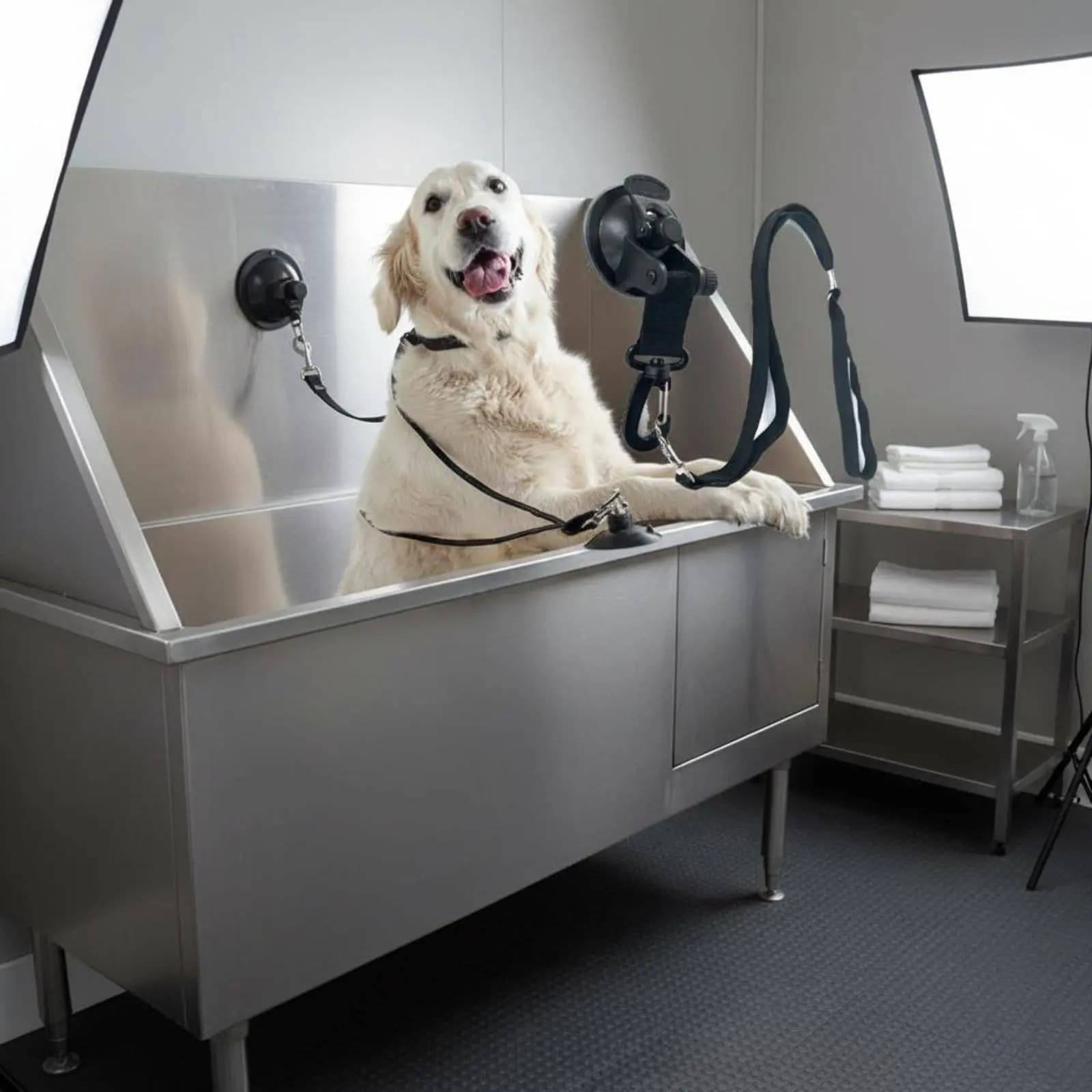 Supporto a ventosa per contenimento animali domestici, anello per toelettatura senza restrizioni delle mani, cinghia per bagno cani con supporto a ventosa, doccia per animali domestici resistente all'acqua