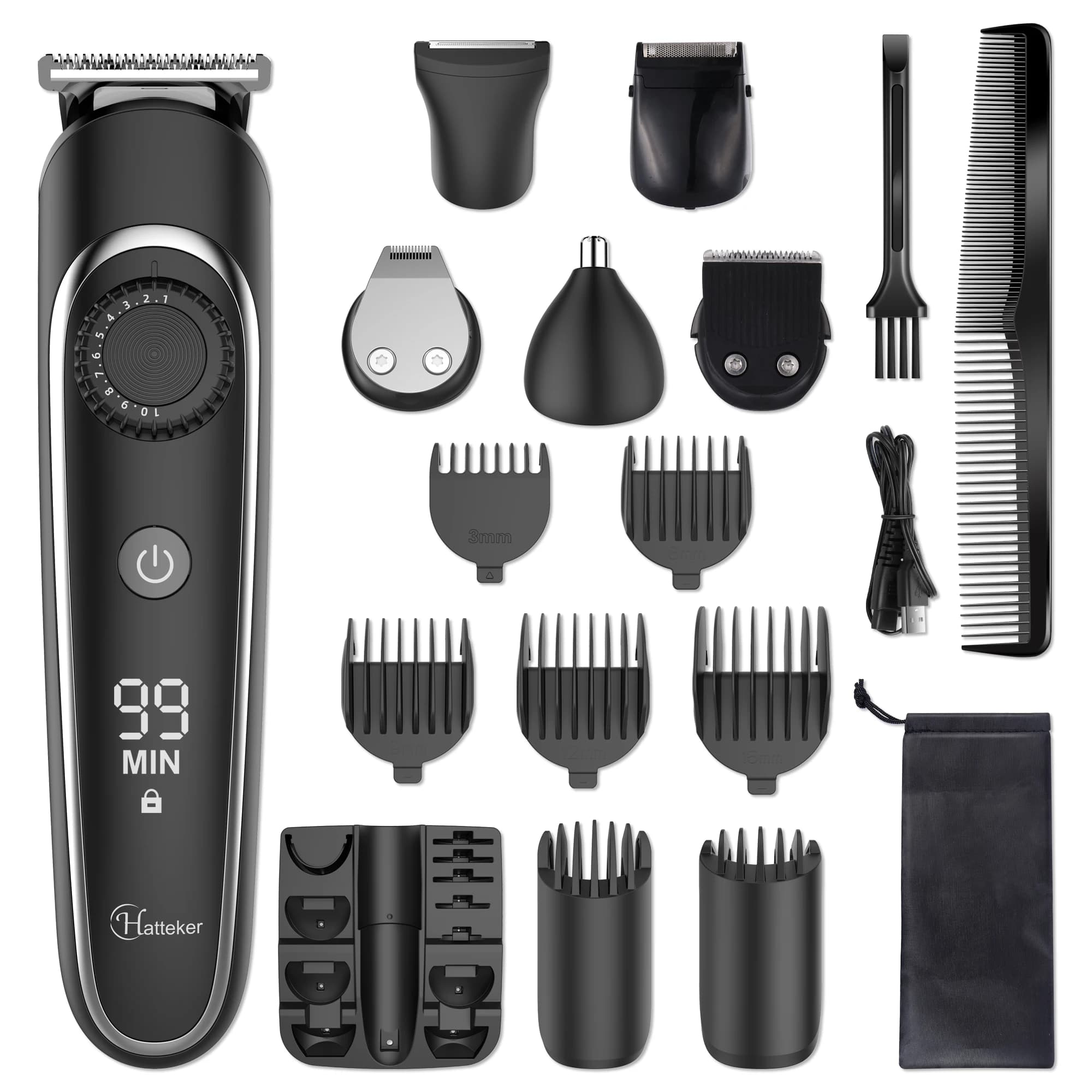 Hatteker Professional Haircut 5 in 1 for Men Rechargeable Electric Shaver Adjustable Precision Waterproof Toiletrying Kit