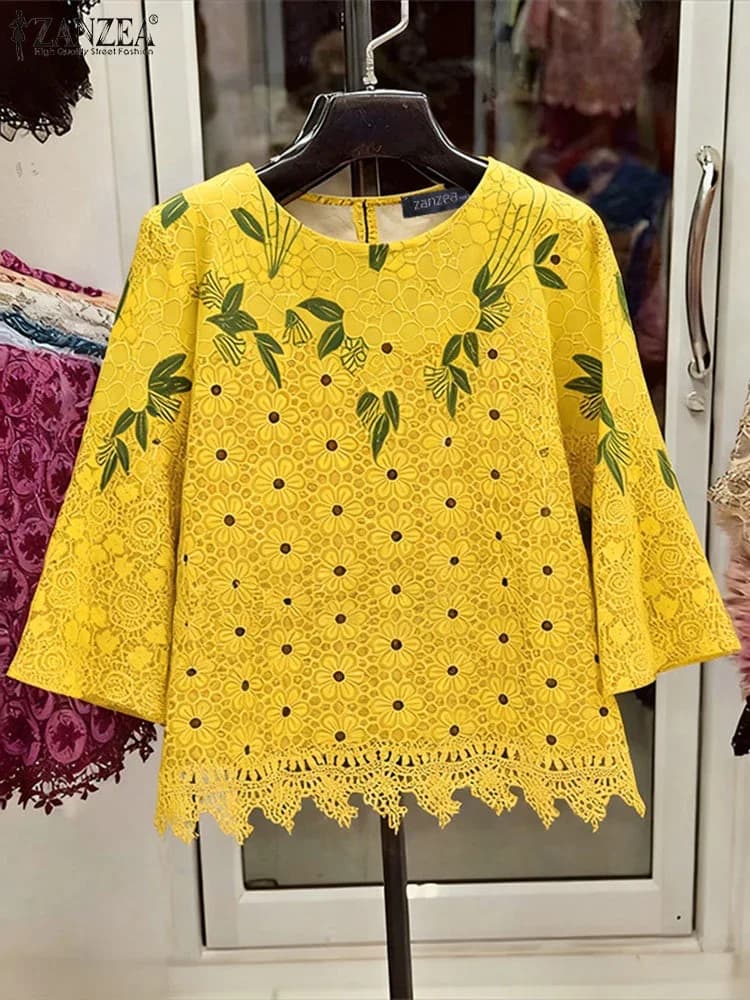 ZANZEA Moda Vintage Camicette da donna Manica 3/4 Stampa floreale Top 2025 Autunno O-Collo HolidayShirts Casual Blusas femminili Abbigliamento