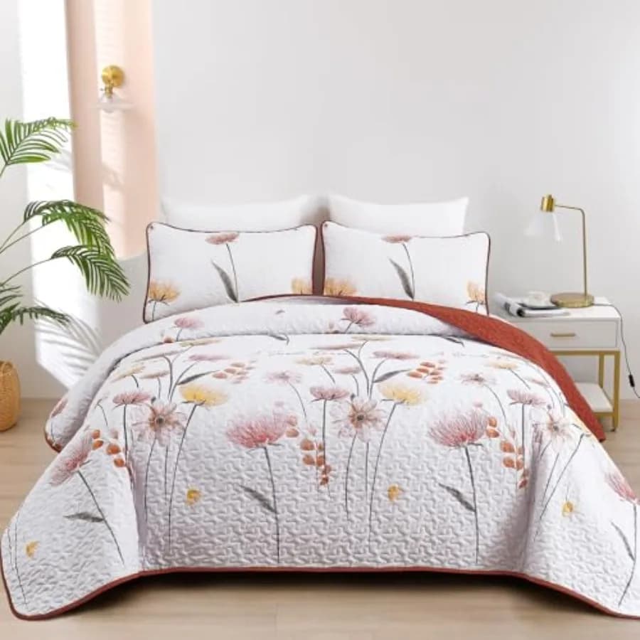 Set Copriletto Floreale 3 Pezzi e Trapunte, Set Biancheria da Letto Stile Rustico, Copriletto Leggero, Set Copriletto Estivo per Letto