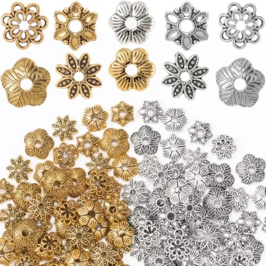 100 Pcs Flower Spacer Beads, 5 Styles Tibetan Bead Caps for Bracelets, Floral Carved Bead Spacers for Jewelry Making Necklaces