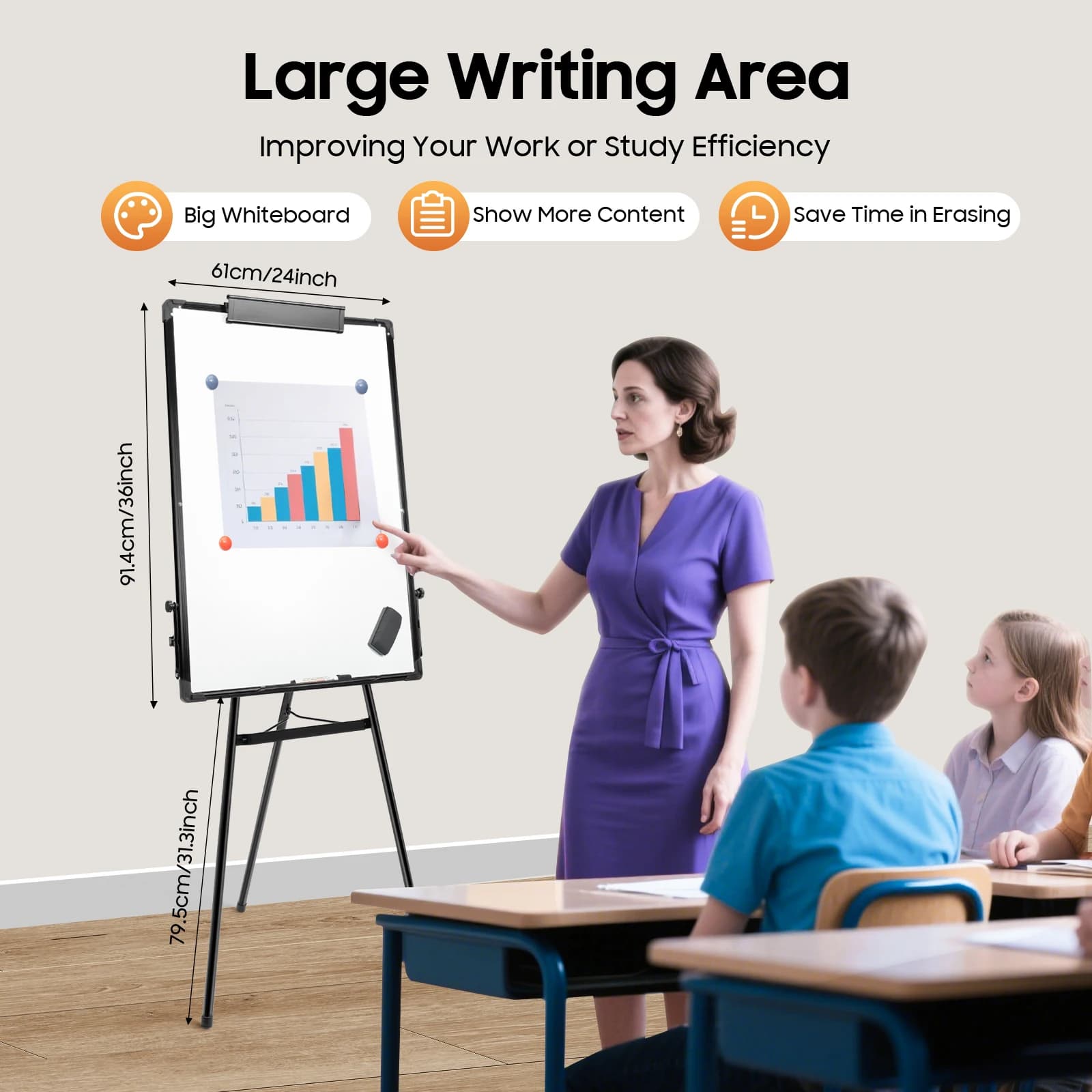 Whiteboard with 36 x 24 inch tripod support, dry erasable board with adjustable height for school, office and home