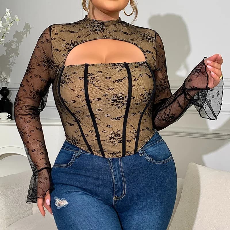 Top Corsetto Nero in Pizzo e Rete per Donne Curvy, Collo Alto, Maniche Lunghe a Campana, Bustier con Ferretto, Sexy Top Corto per Feste e Club
