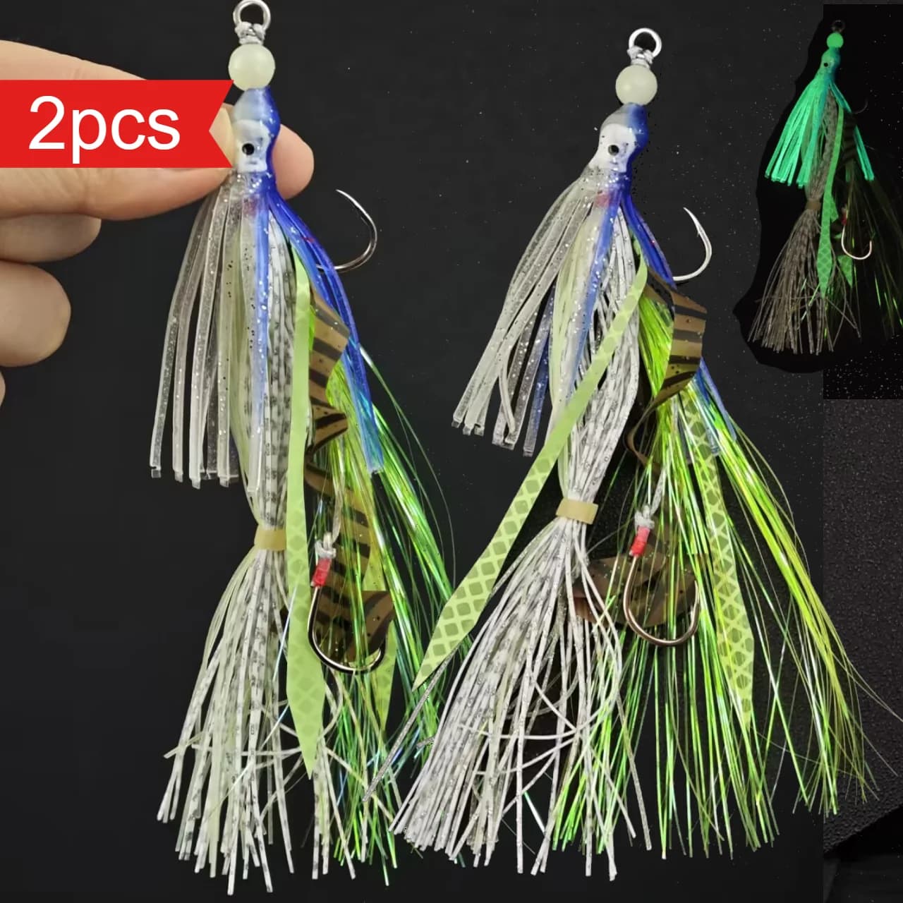 2 pz. Esche Artificiali Luminose a Forma di Polpo per la Pesca in Acqua Salata, Esche Morbide a Calamaro che si Illuminano al Buio, Jig da Traina con Amo Ausiliario, Attrezzatura da Pesca per il Mare