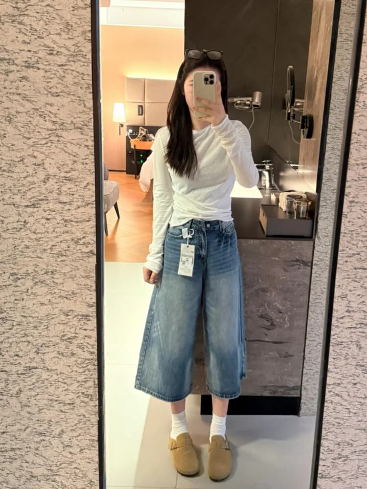 American Style High Waist Loose Wide Leg Jeans Women's Summer New Seven-Foot Denim Shorts Small Size Casual Washed Jeans