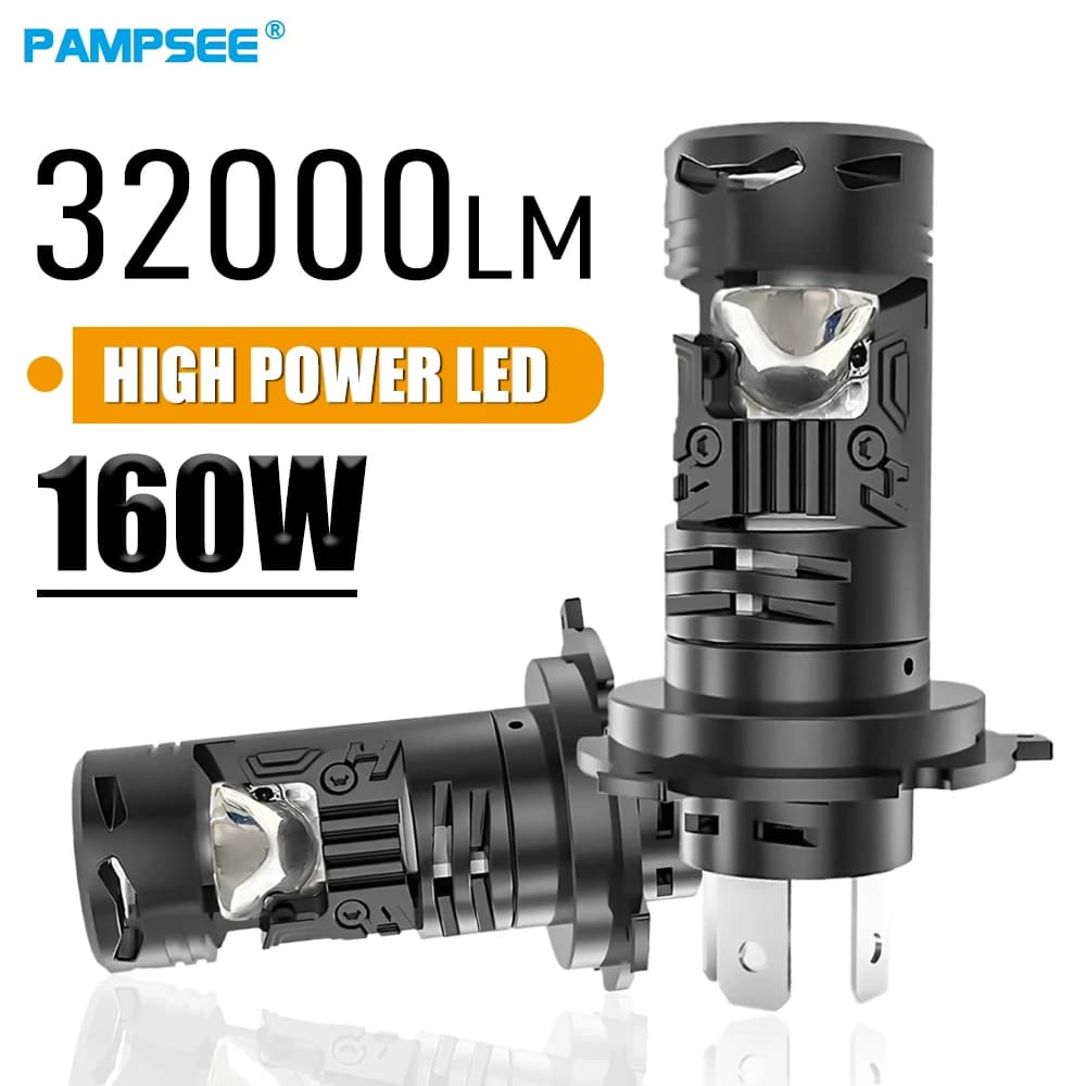 Lampada LED H4 con Lente 160W 32000LM con Ventola, Proiettore Mini H4 a Fascio Alto/Basso per Faro Moto