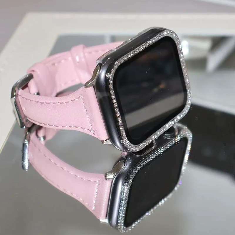 Slim Leather Strap+Diamond Case for Apple Watch serie 11 10 9 8 7 6 5 SE Ultra iWatch band 42-46mm 41mm 40mm 44mm women bracelet