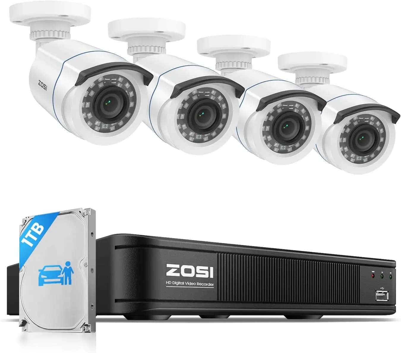 H.265+ 1080p Security Camera System, DVR 8CH with AI Detection, 4 Intemperature Resistant Cameras, Night Vision