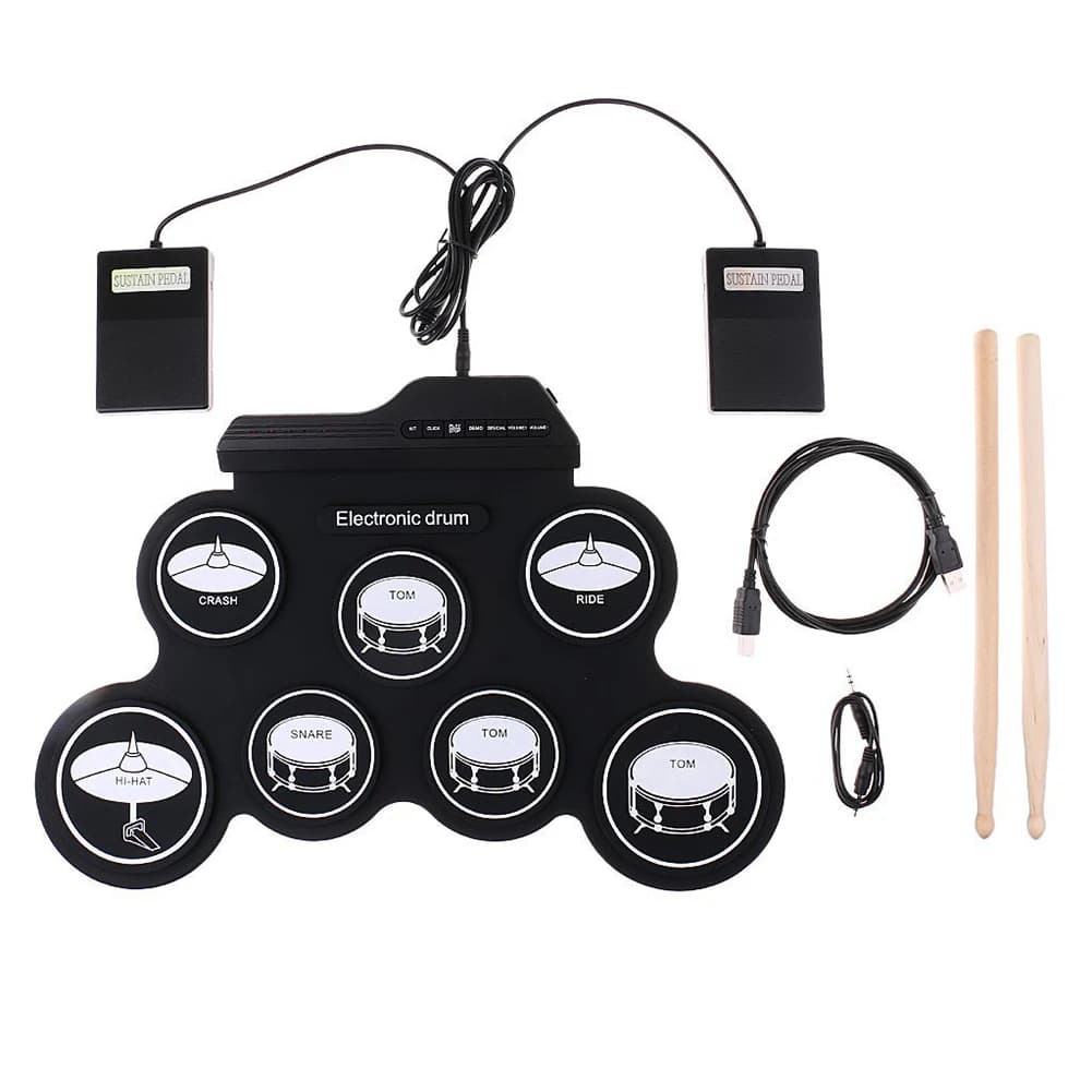 Pad per Pratica Batteria Arrotolabile con Bacchette e Pedali, Pad Elettrico in Silicone per Batteria, Regalo di Compleanno per Bambini