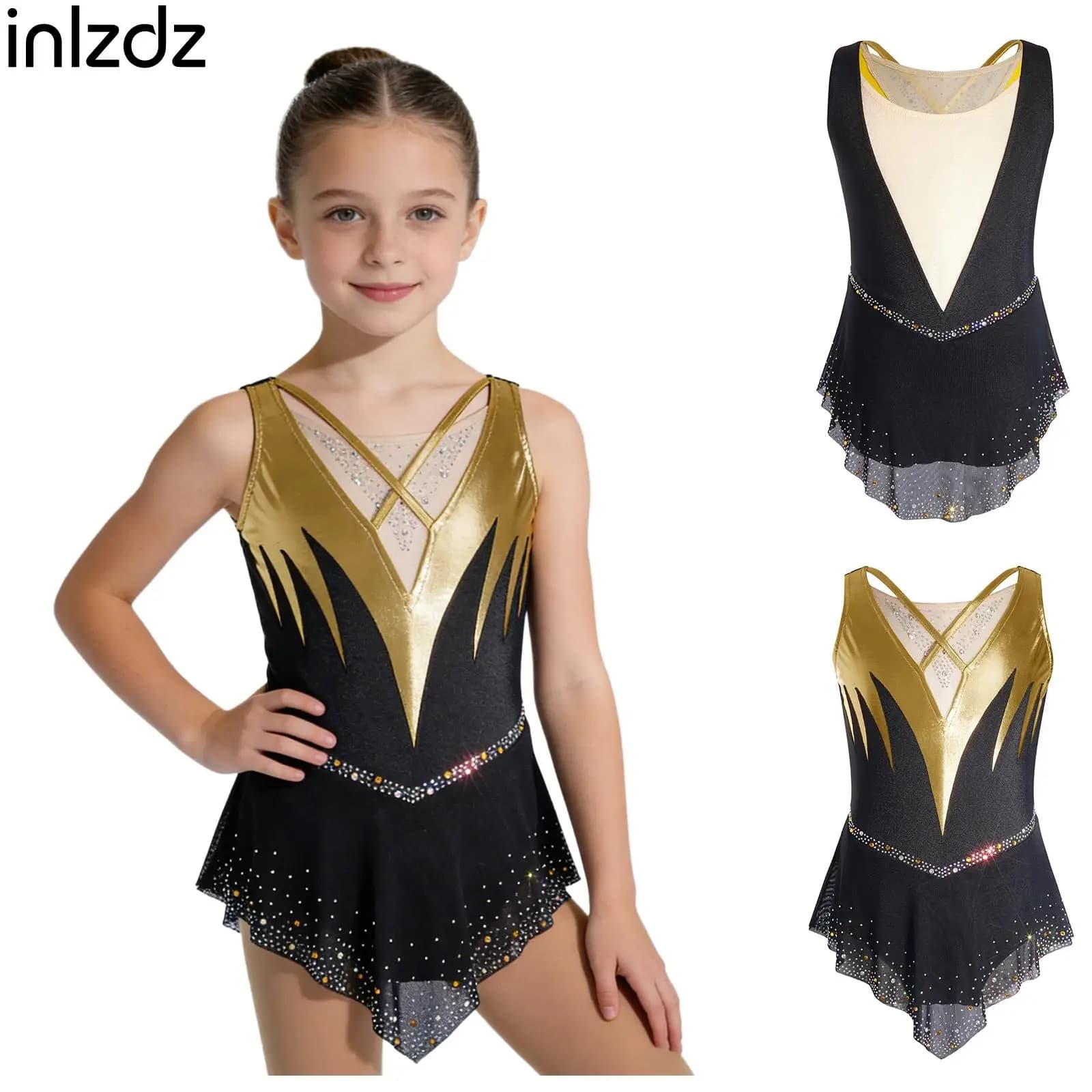 Costume da Ginnastica Artistica per Ragazze, Body Senza Maniche con Strass e Rete, Abito per Pattinaggio Artistico