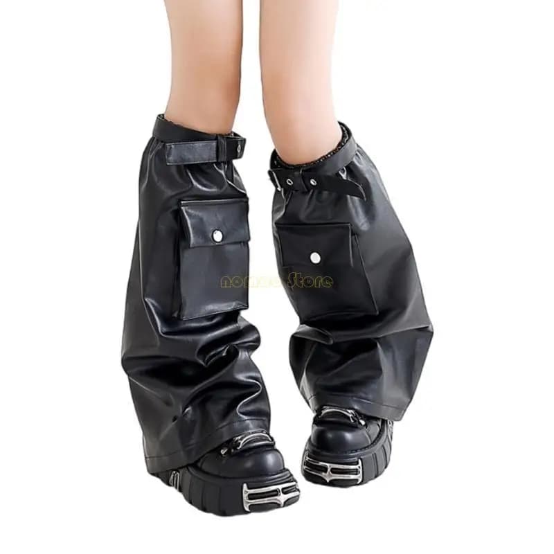 31bf black leg warmer for woman harajuku punk glass broad leather covered boots with