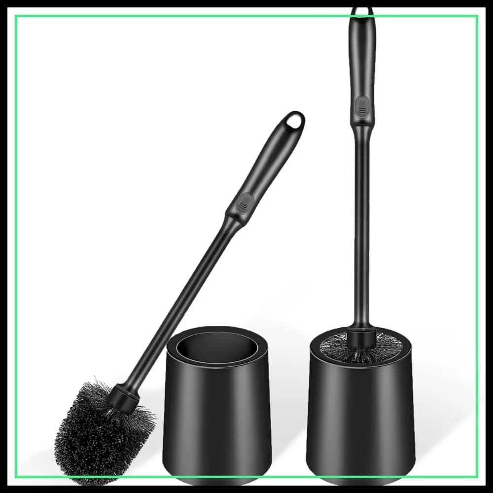 Set di 2 scopini per WC con supporto, manico lungo, impugnatura antiscivolo, setole in nylon, spazzola per la pulizia profonda del bagno - Nero