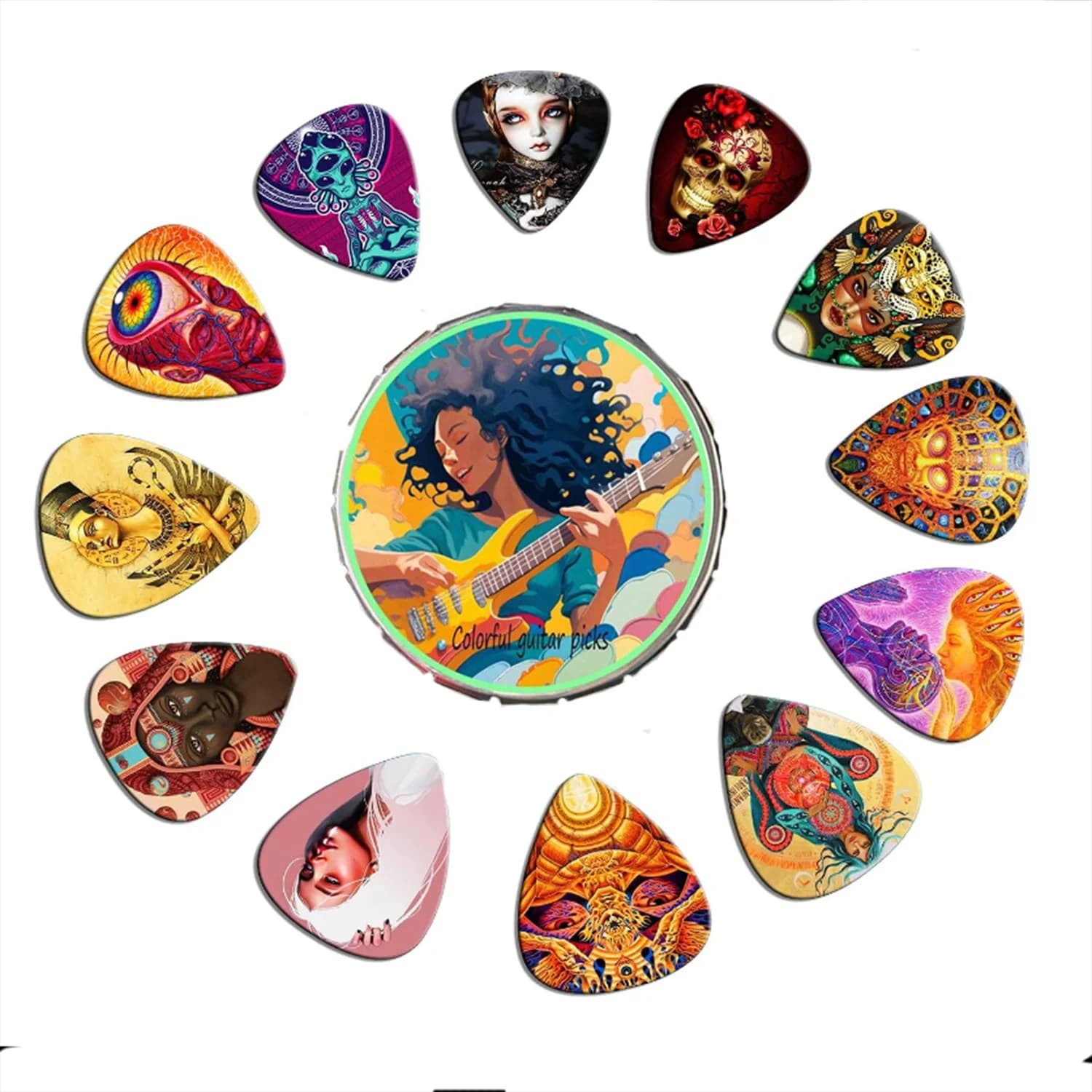 Set di 12 plettri per chitarra in ABS con stampa colorata unica, con scatola in metallo, plettri resistenti per chitarra elettrica e basso, accessori regalo