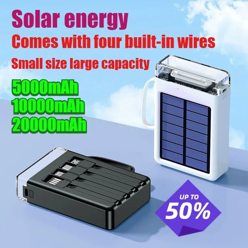 Power Bank Solare Portatile da 20000mAh con Luce LED e Cavi Integrati per Tutti i Modelli di Smartphone