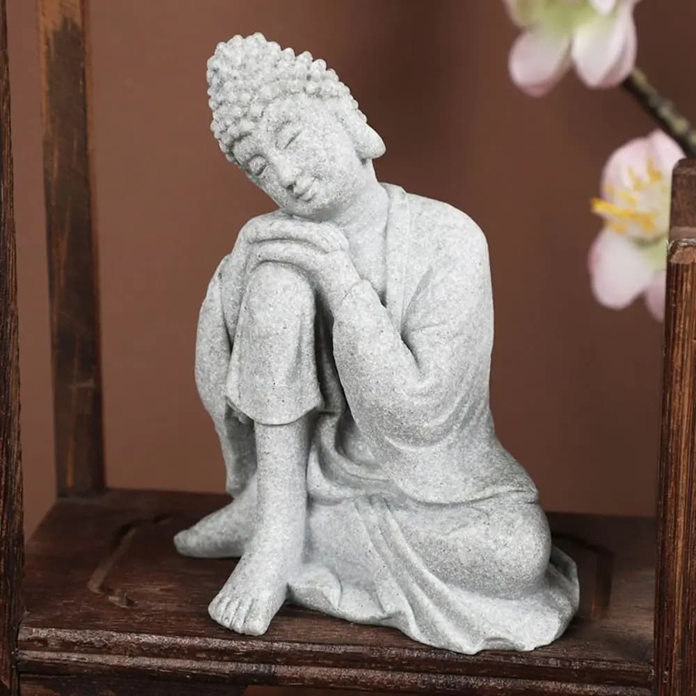 Buddha Reclinato in Arenaria Verde, Figurina Buddista Orientale, Ornamento in Posizione Seduta Zen