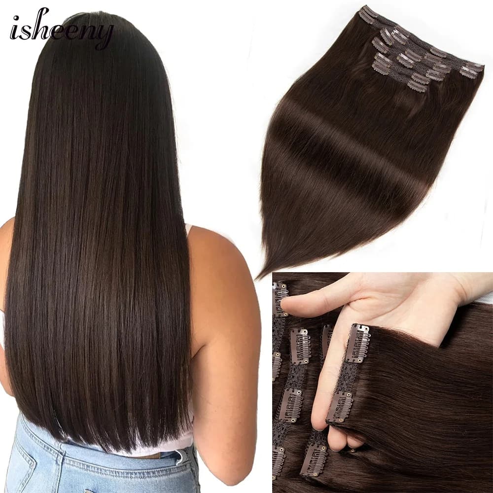 Isheeny 140-240G Volume Clip In Human Hair Extensions Straight 14"-24" Brazilian Machine Remy Straight Natural Clip In Full Head