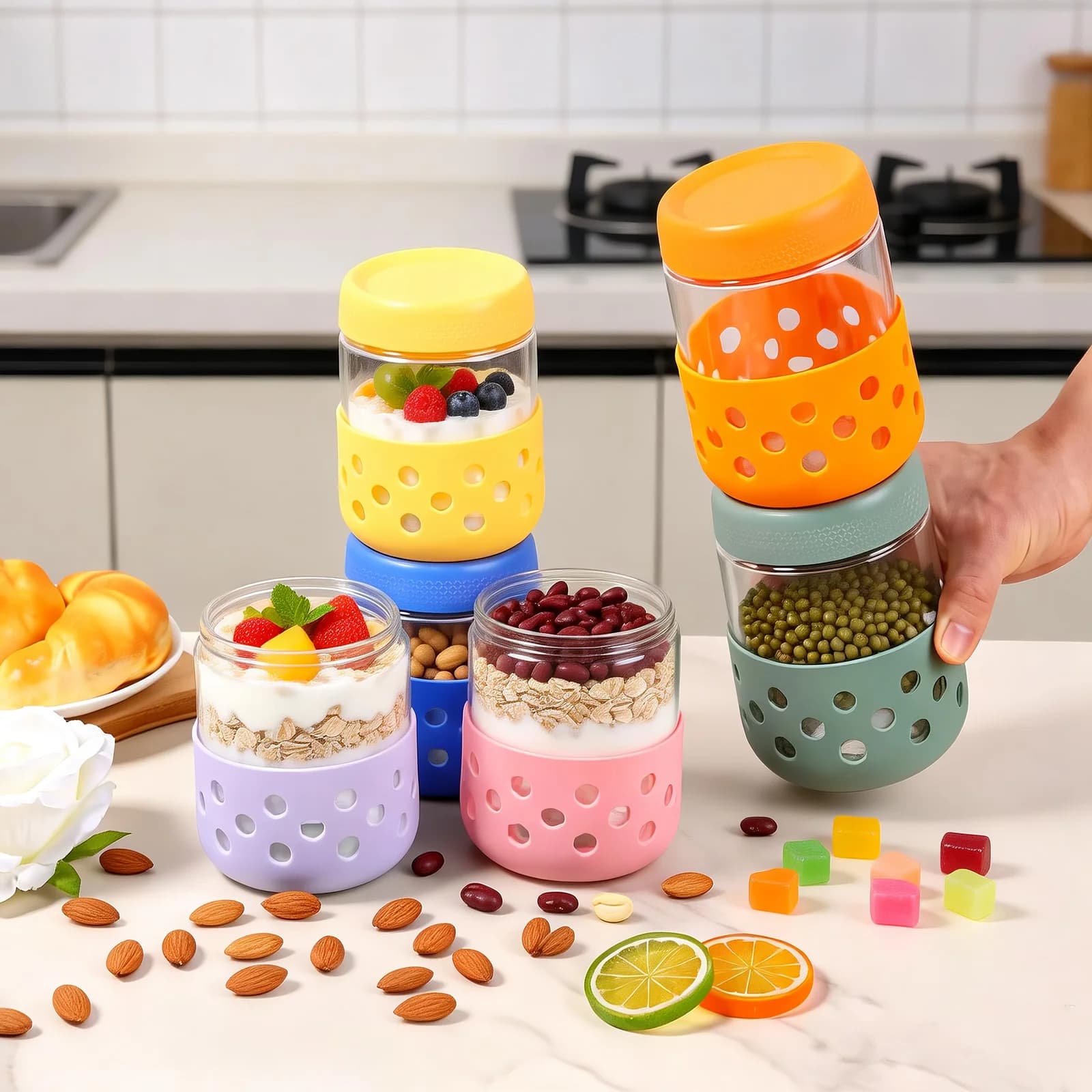 Confezione da 2/4/6 contenitori da 500ml per Overnight Oats con coperchi e manicotti in silicone, barattoli in vetro a bocca larga per la conservazione degli alimenti