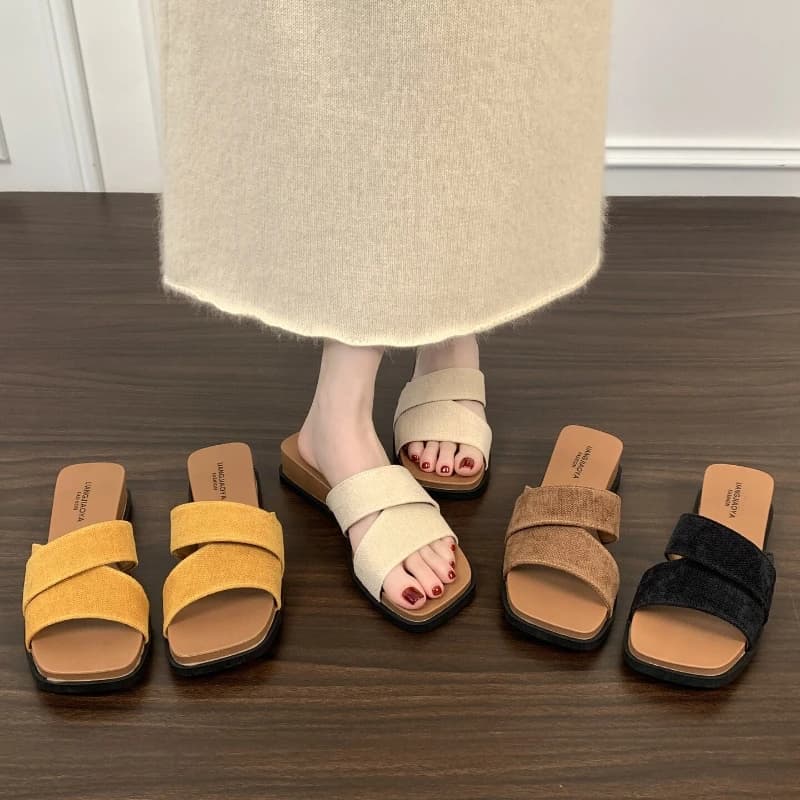 Ciabatte da donna in lino con doppio cinturino e zeppa, punta quadrata aperta, scarpe casual comode antiscivolo per l'estate e le vacanze al mare
