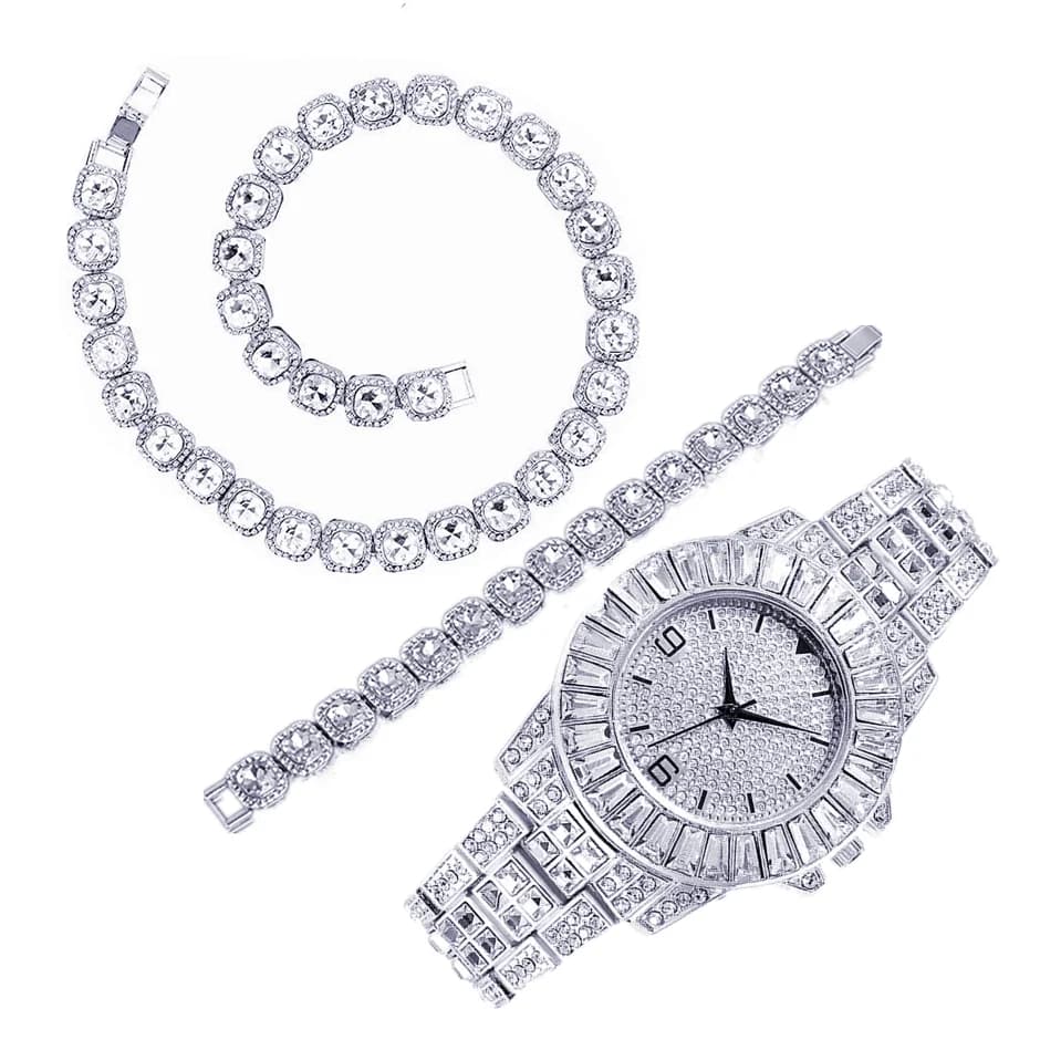 Orologio di Lusso con Collana e Bracciale, Catena Hip Hop Tennis Iced Out, Orologio Bling Placcato Oro con Zirconi CZ per Uomo e Donna