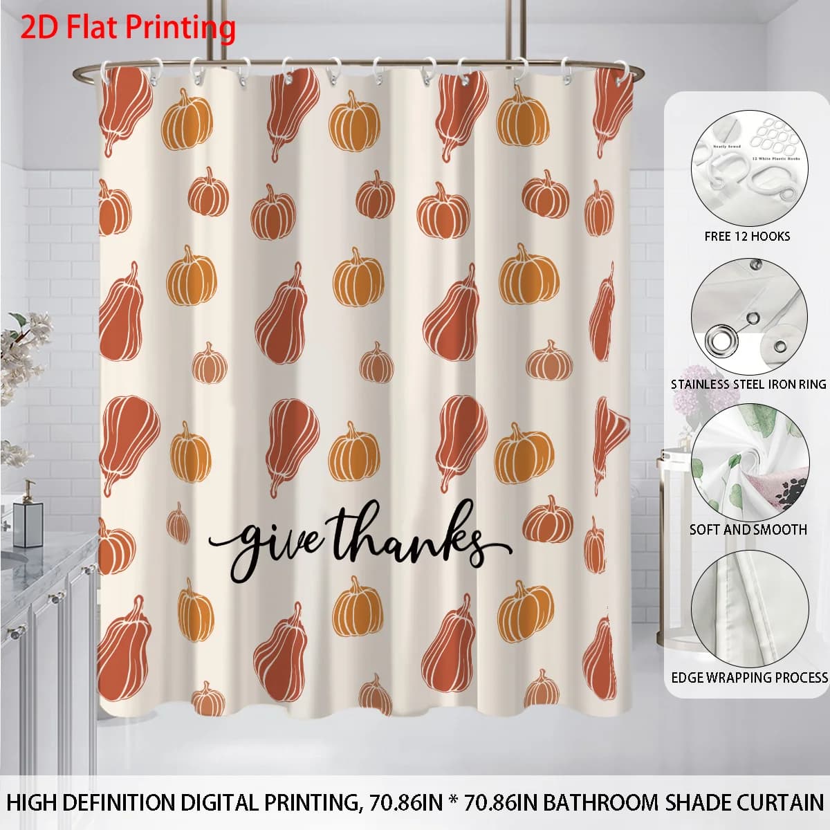 1pc Autumn Harvest Festival Stampa zucca Doccia impermeabile Privacy Tenda sospesa con 12 ganci Dimensioni multiple Lavabile in lavatrice