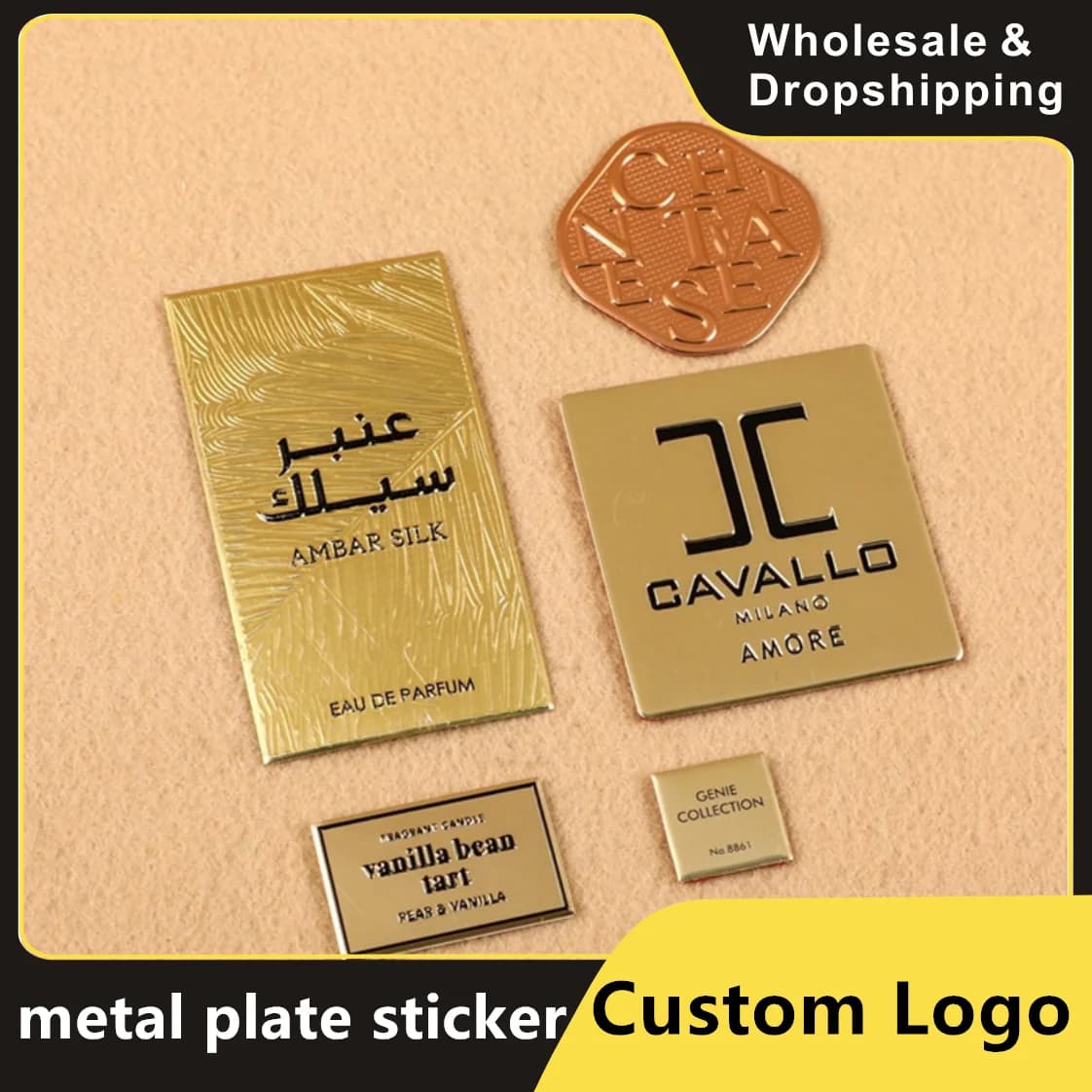 Logo personalizzato con piastra in metallo e alluminio con colla posteriore forte, marchio personalizzato per confezione regalo Etichetta metallica per vino 3D ad arco per bottiglia di profumo