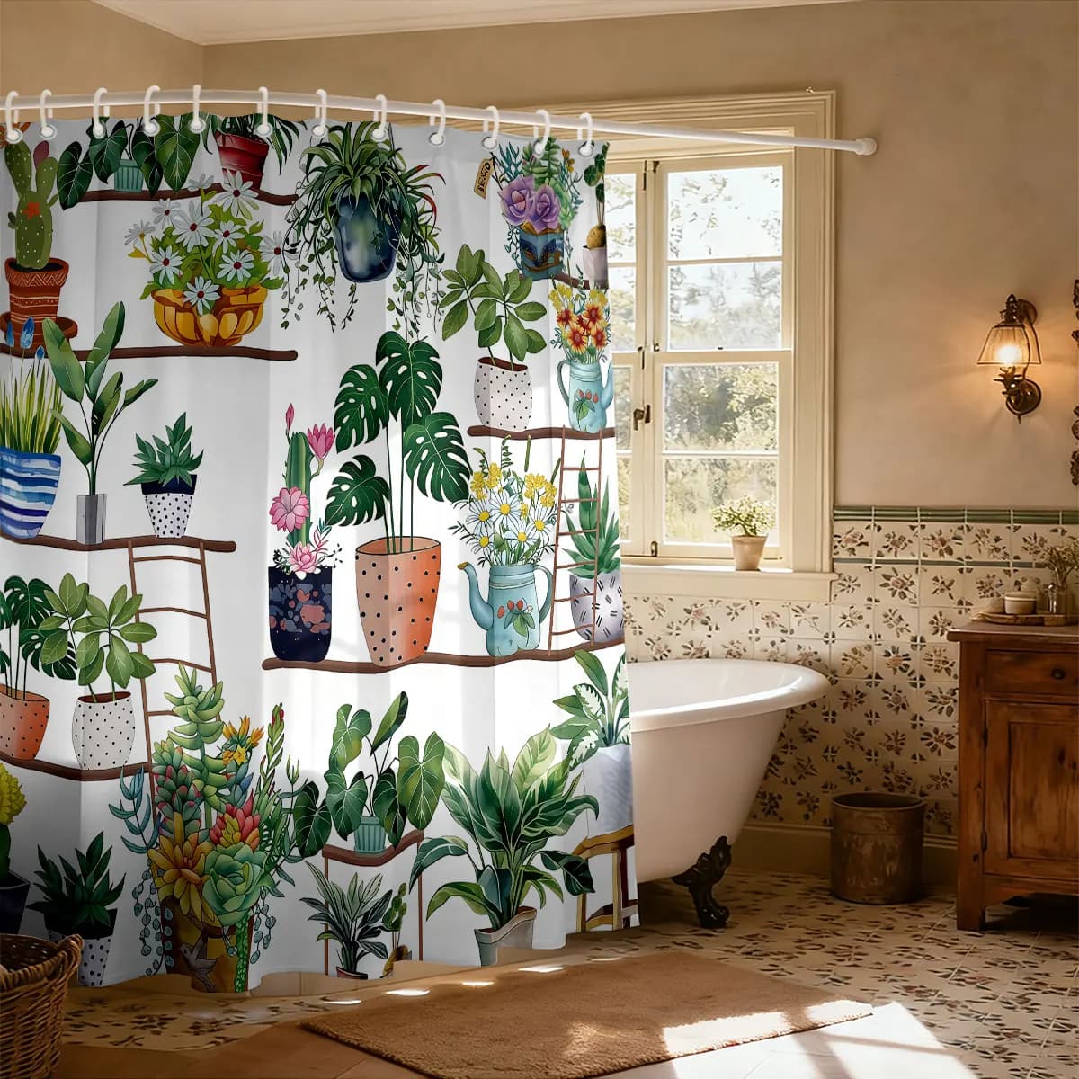 Tenda da Doccia con Stampa di Piante e Vasi Verdi, Disponibile in Diverse Misure, Tenda Divisoria per Privacy con 12 Ganci, Decorazione per Bagno e Casa