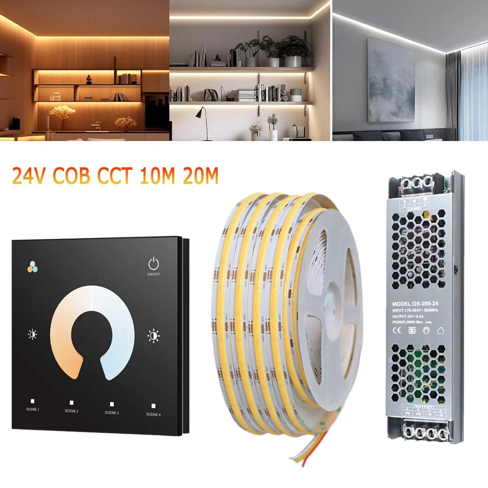 Kit 10M 20M COB CCT Striscia LED 24V Flessibile ad alta densità Dimmerabile Luce ambientale Touch Panel Telecomando Doppio bianco 2700K-6500K