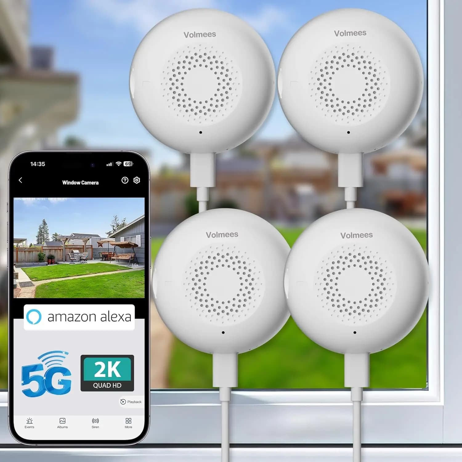 Telecamera di Sicurezza per Finestre 2K, Confezione da 4, con Visione Notturna a Colori, Rilevamento AI, Audio Bidirezionale e Installazione Semplice