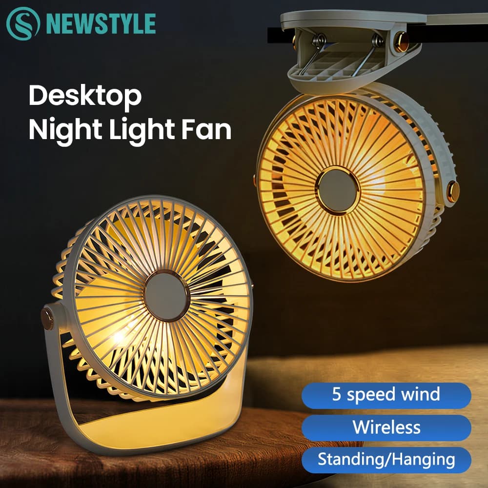Ventilatore da Tavolo/Clip USB Ricaricabile con Luce Notturna, 5 Velocità, 6 Pollici, Silenzioso, per Dormitorio, Lunga Durata della Batteria