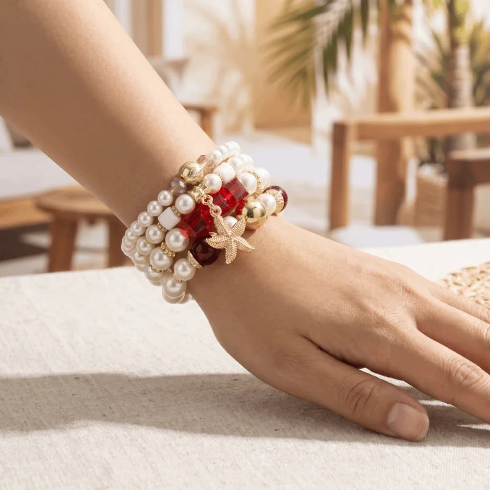 4pcs/set Ethnic Style Simulated Pearl Bracelets Bohemia Style Stacking Seastar Beads Bracelets Sets Adjustable Trendy