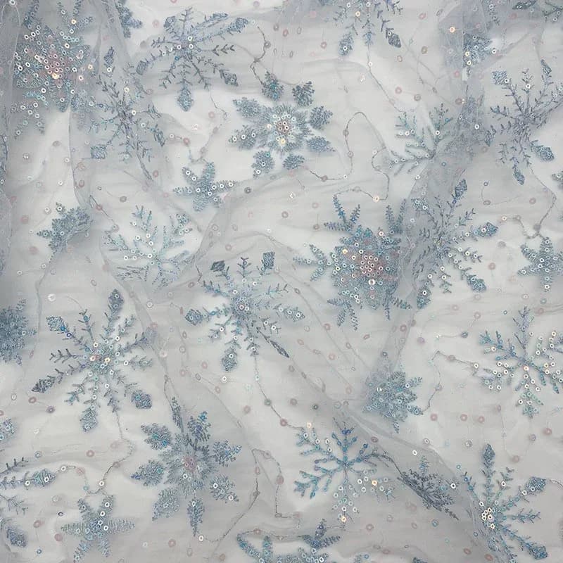 130Cm Wide Blue and Red Mesh Sequin 3D Embroidered Fabric with Snowflake Beadwork – Bridal, Fashion & Dress Material