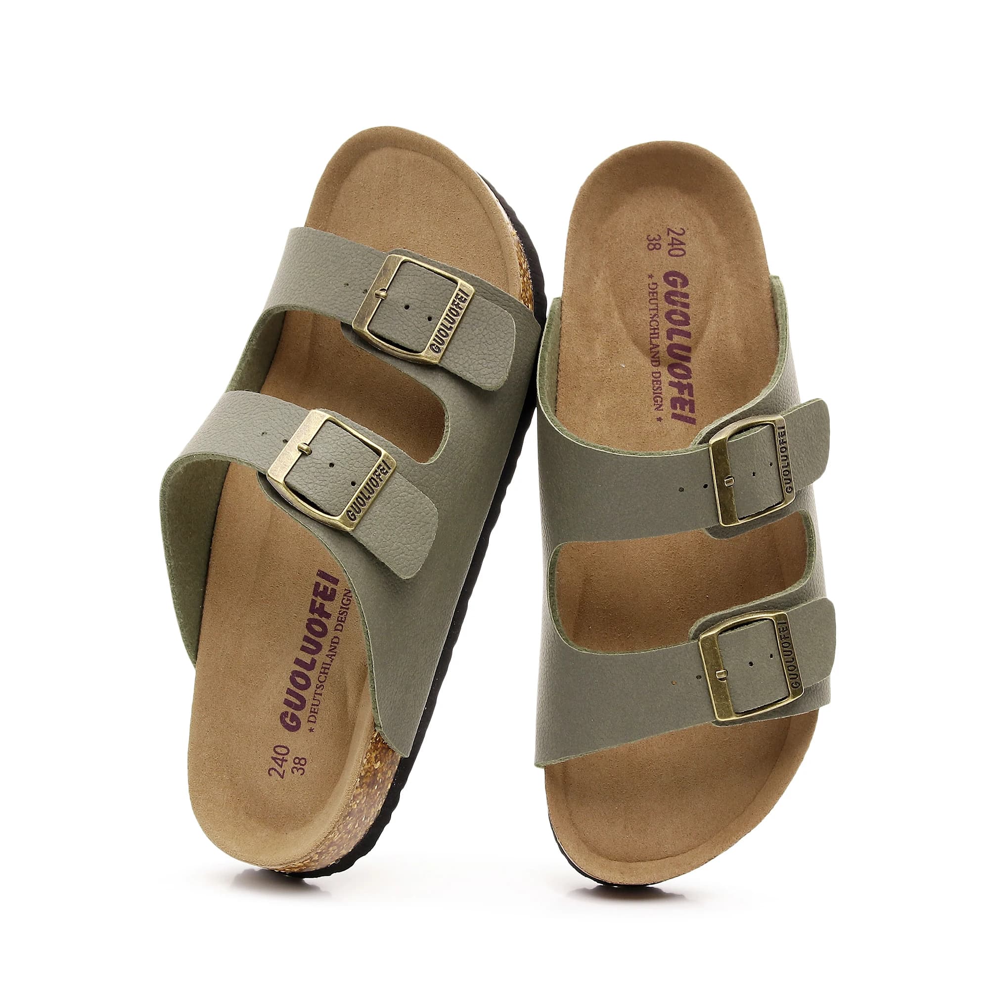Green Sheep Skin Unisex Cork Footbed Slide Sandal, Arch Support Summer Outdoor Sandals with Adjustable Buckle for Women and Men