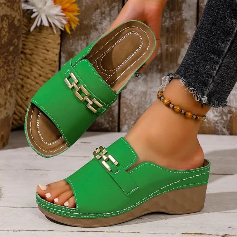 Sandali Casual da Donna con Zeppa, Punta Aperta, Decorazione a Catena Metallica, Ciabatte con Plateau, Cuciture a Contrasto, Scarpe Comode Estive da Passeggio