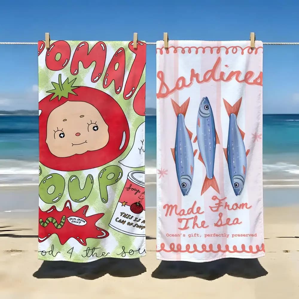Asciugamano da Spiaggia con Stampa Artistica di Fiori di Ciliegio Rosa, Sardine in Scatola e Pomodori, per Viaggi, Palestra, Doccia, Campeggio di Lusso, Piscina