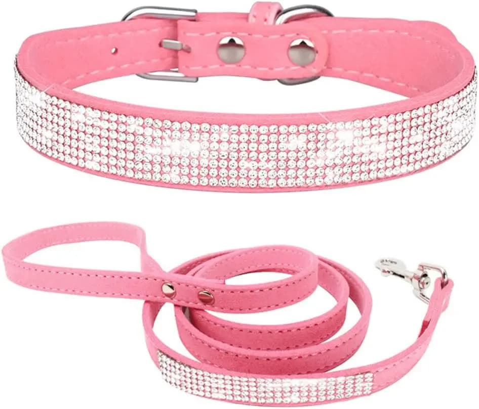 Set Collare e Guinzaglio per Cani con Strass Scintillanti, Collare Regolabile in Cristallo Rosa Glitterato con Guinzaglio per Cani e Gatti