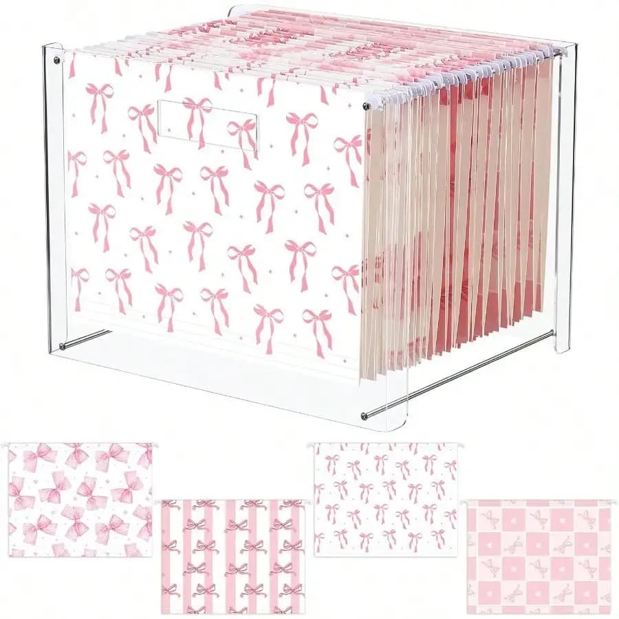 24 cartelle portadocumenti sospese con organizer in acrilico per lettere/formati A4, scatola trasparente per archiviazione da scrivania con maniglie per uso domestico, ufficio e lavoro (rosa, fiocco)