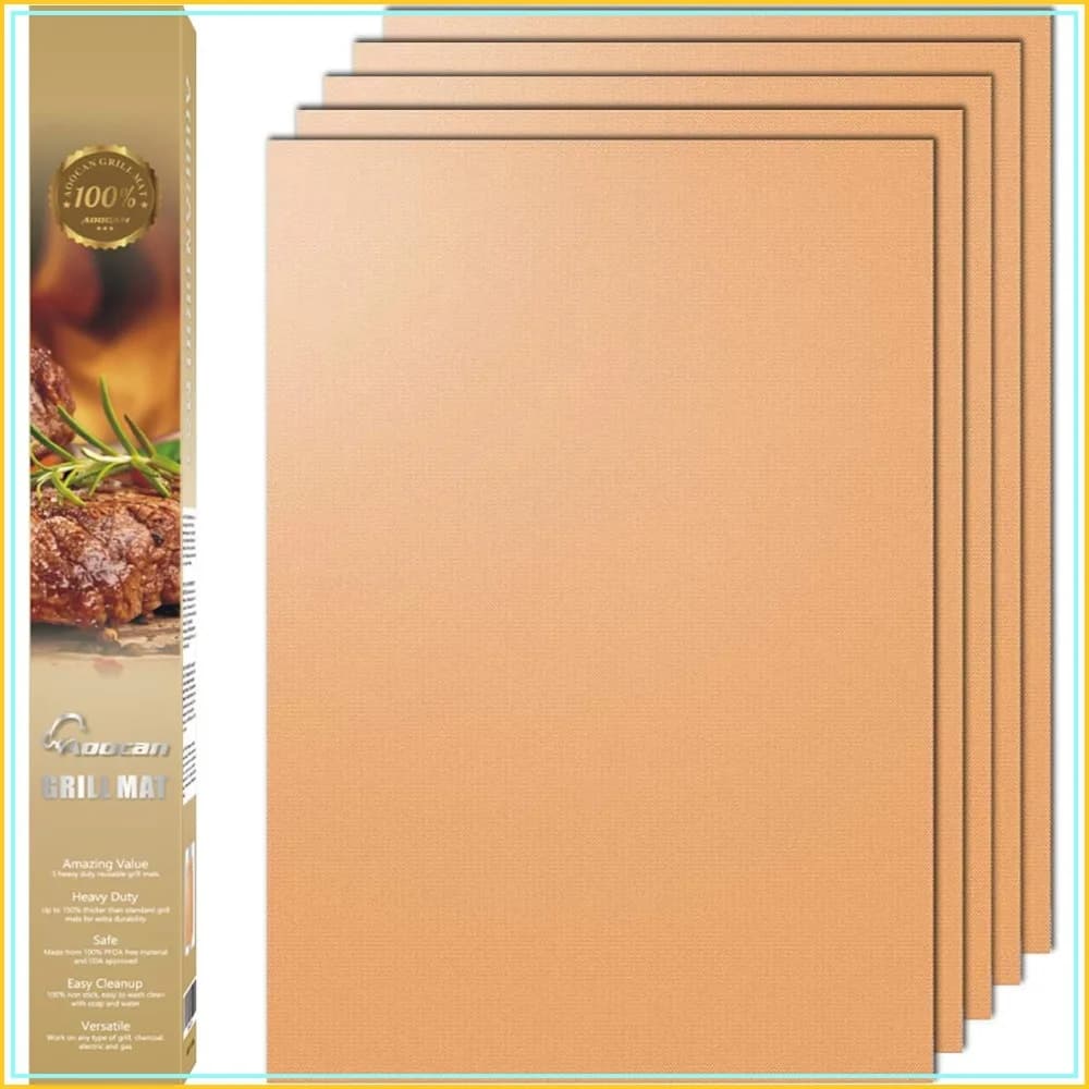 Copper Grill Mat Set of 5 - Non-Stick BBQ Outdoor Grill, Reusable Easy Clean, Works on Gas Charcoal BBQ, 15.75x13 Inch