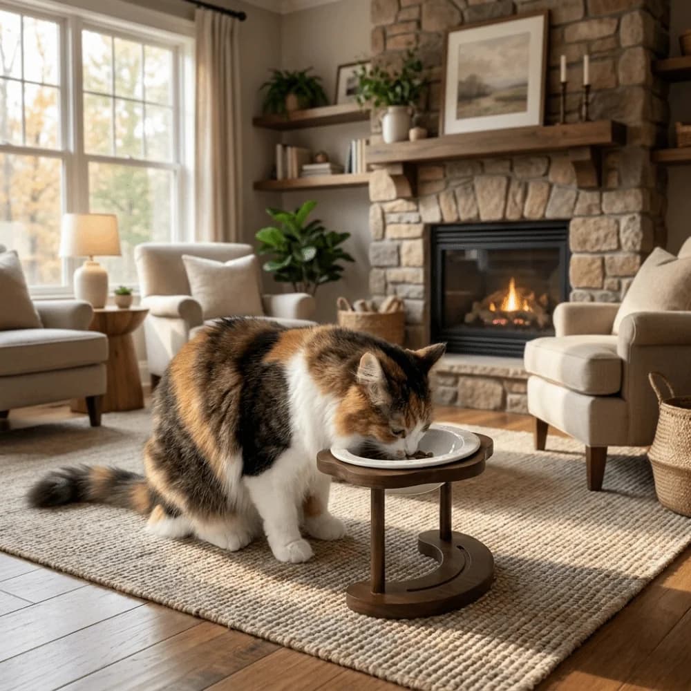 High Foot Ceramic Cat Bowl Anti Slip Flower Shaped Cat Feeding Station Anti Overturning with Wooden Stand Pet Water Food Bowl