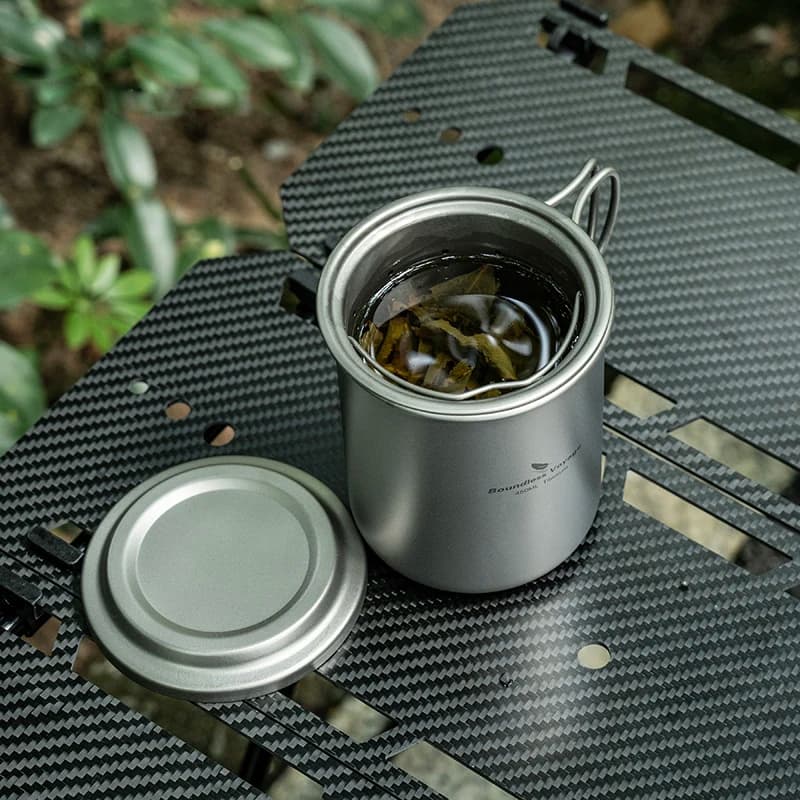Boundless Voyage Titanium Tea Maker with filter, folding handles Glasses, outdoor camping dishes Ti Tea Coffee Mug 450ml