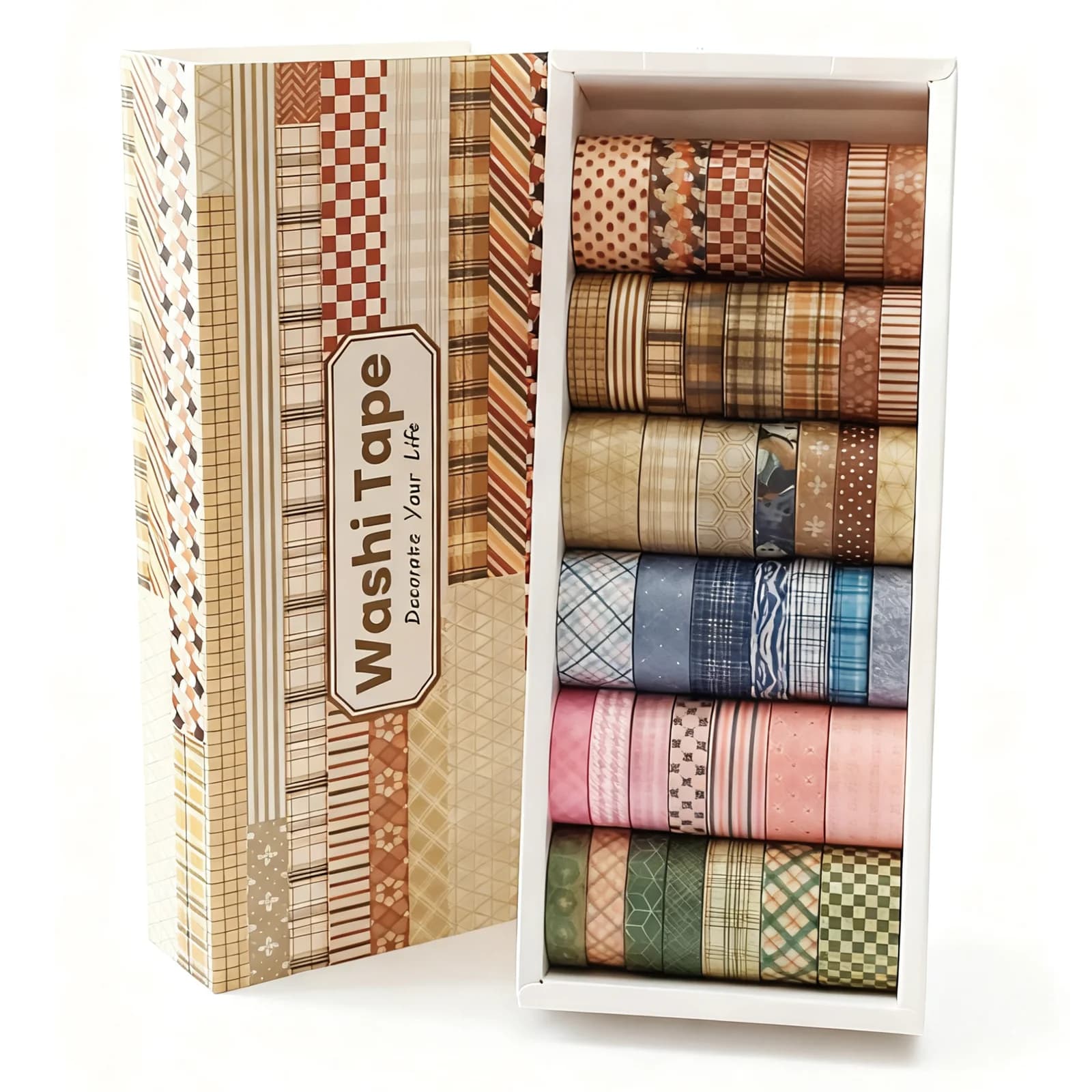 42 Rolls Checkered Washi Tape Set, Brown Decorative Tapes for Scrapbooking, Junk Journal supplies, Bullet Journaling Craft, DIY