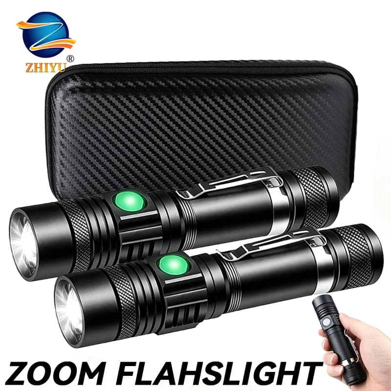 T6 LED Rechargeable Flashlight,18650 Zoomable Torch, Cap Clamp & Headlamp & Pen Clip, Handheld Work Light for Outdoor Camping