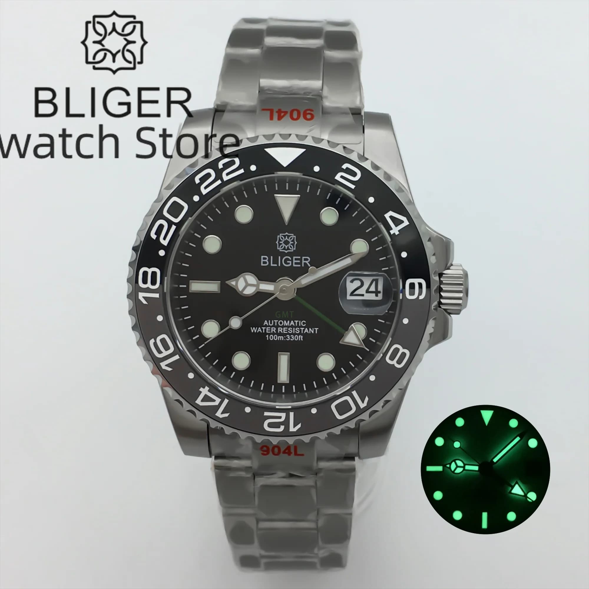 BLIGER 40mm GMT Watch For Men Black-grey Ceramic bezel Sapphire Glass Green GMT Text Green GMT Hand NH34 GMT orologio meccanico