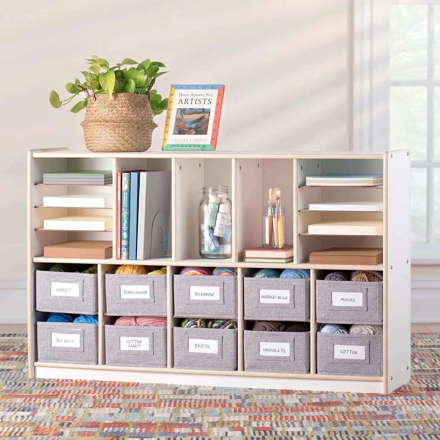 EdQ Shelves and 10 Bin Storage Unit- White: Display Shelf Storage Organizer for Home, School and Office;, Customized