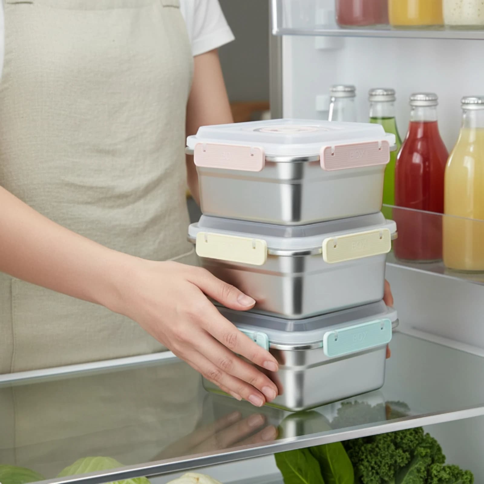 Set di 3 Contenitori per Alimenti in Acciaio Inox, Ermetici e Riutilizzabili, Adatti per Freezer e Frigorifero